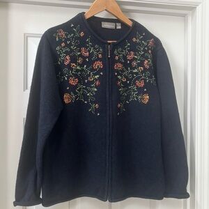 Croft & Barrow Navy Floral Embroidered Zip Sweater Cardigan XL Cottagecore